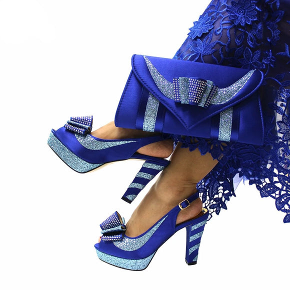 New Arrivals Slingbacks Sandals with Platform in Royal Blue Color High Quality African Women Shoes and Bag Set