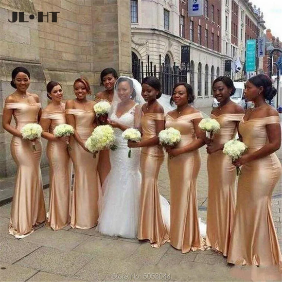 Champagne Gold Bridesmaid Mermaid Wedding Off Shoulder Party Dress