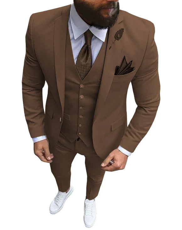 Men Suits 3 Pieces Slim Fit Champagne Lapel Khaki Formal Tuxedos for (Blazer+Pants+Vest)