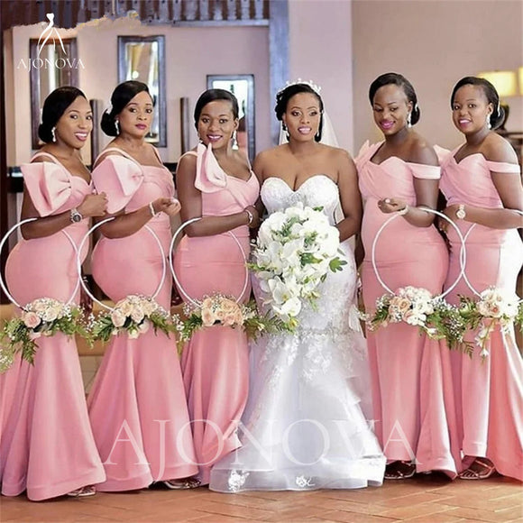 Pink Satin Bridesmaid Big Bow Mermaid Guest Wedding Party Dress