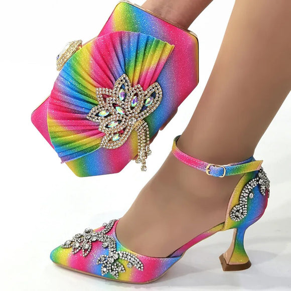 New Brilliance Colorful Water Pattern With Metal Decoration With Waterproof Platform Ladies Sandals Shoes Bag Set